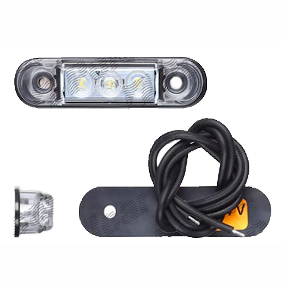 Lampa pozitie gabarit 12/24V; cu cablu; oval; montare surub cu spatiu 45mm; 3xLED; alb; Latime: 65 mm; Inaltime: 17 mm; adancime: 14 mm;