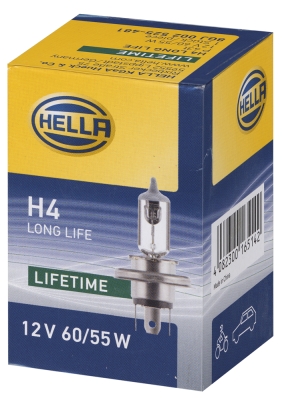 Bec auto halogen HELLA H4 12V; 60/55W; long life; durabilitate tripla; P43t; 8GJ002525481, 1 buc.