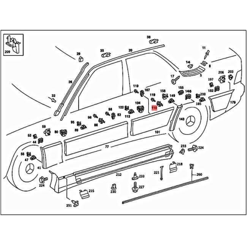 Clema bandouri MERCEDES 190 (W201), 10.1982-08.1993; Clasa E W124 (Sedan/COUPE/CABRIO/Combi) 12.1984-06.1996, 2 buc/set, ornamente usi laterale,