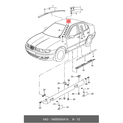 Set 10 buc. Clips, Agrafa fixare bandouri Seat Toledo II, 1999-05.2005, Leon (1M), 1999-2004; ornamente geam pavilion 1M0854541A