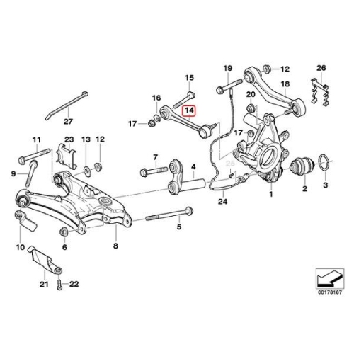 Brat suspensie roata punte spate BMW Seria 5 (E39) 1996-2004, Seria 7 (E38) 1994-2001; Teknorot parte montare : Punte spate, Stanga/ Dreapta, spre Fata, Superior, spre exterior