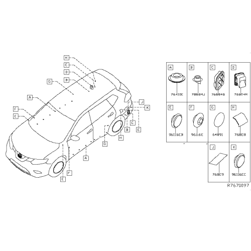Set 10 buc. capac dop caroserie Nissan Juke 2010-2019; Leaf, Note 2013-2020; NV200, Quest, Rogue, X-Trail 2011-2022, Infiniti M 2005-2019; Q70, 2010-2019