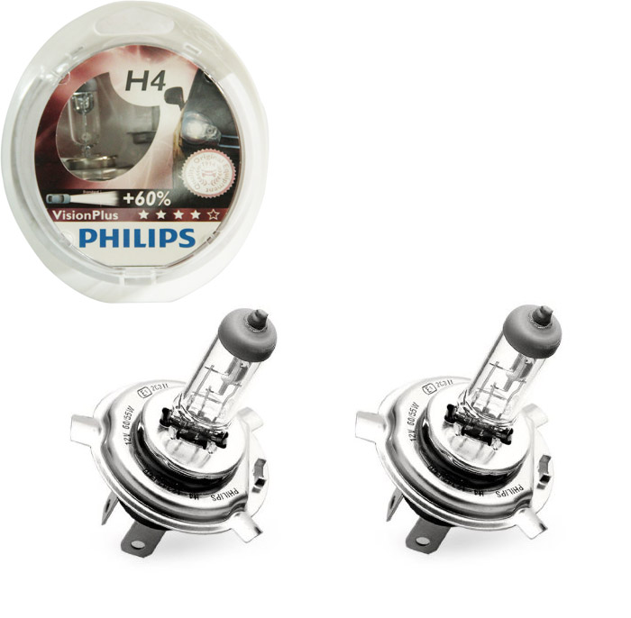 Set 2 becuri auto cu halogen pentru far Philips Vision Plus +60% mai multa lumina H4 12V 55W P43t-38