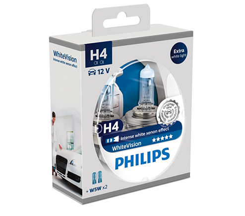 Set 2 becuri auto cu halogen pentru far Philips White Vision H4 12V 60/55W P43t-38