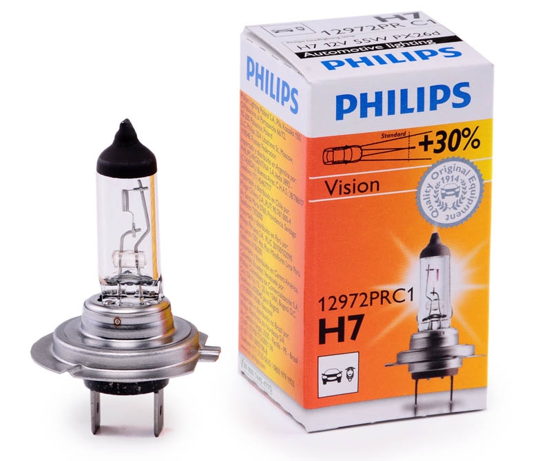 Bec auto cu halogen pentru far Philips Vision +30% lumina H7 12V 55W PX26D , 1 buc.