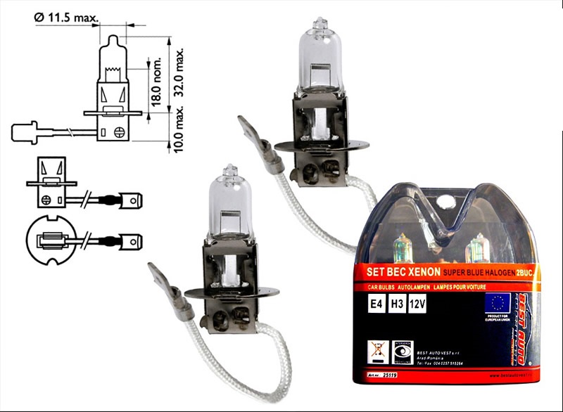 Set 2 becuri auto cu halogen pentru proiector BestAutoVest H3 12V 55W PK22S