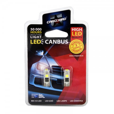 Bec auto led 3 SMD Can Bus Carguard 12V T10 W2.1x9.5d 3W , led pozitie 2 buc.