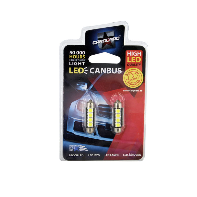 Set 2 becuri auto Carguard cu 4 leduri LED SMD Canbus 24V 39mm 3W C5W alb sofit