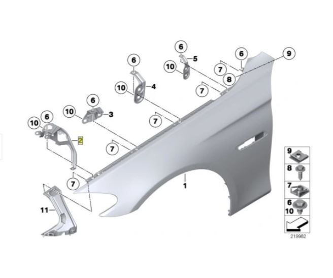 Ornament fixare aripa fata BMW Seria 5 (F10/F11), 12.2009-, fata, partea stanga, mediu