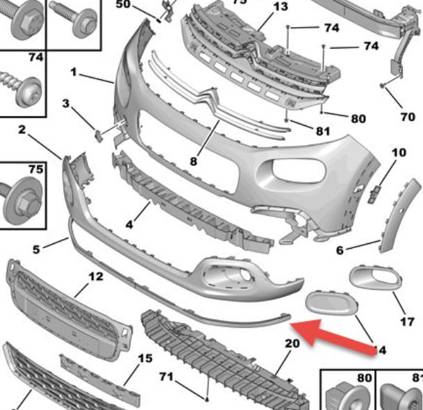 Spoiler bara fata CITROEN C3, 11.2016-, partea stanga+dreapta, textura; complet; inferior