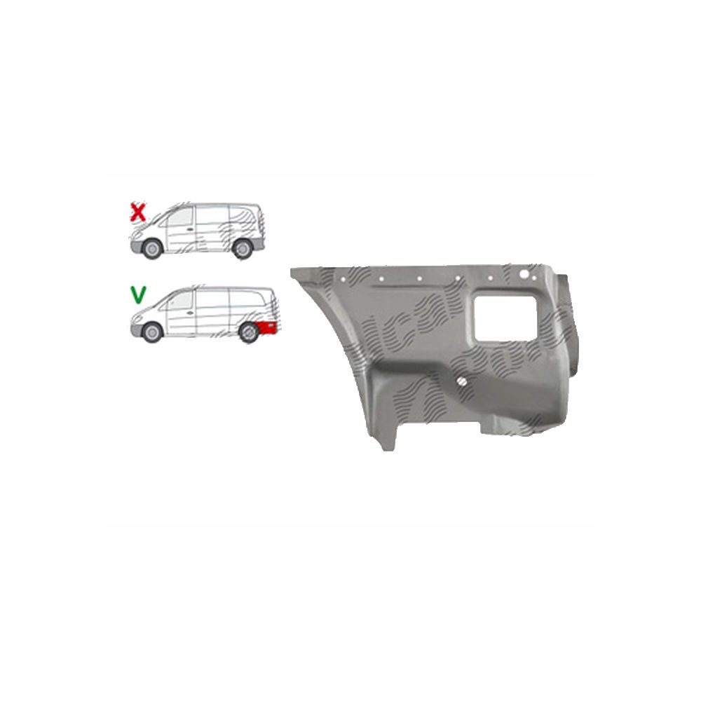 Segment aripa spate MERCEDES VITO/ VIANO (W639), 01.2003-10.2010, extra lung, spate, partea stanga, otel galvanizat; in spatele carcasei rotii; inferior
