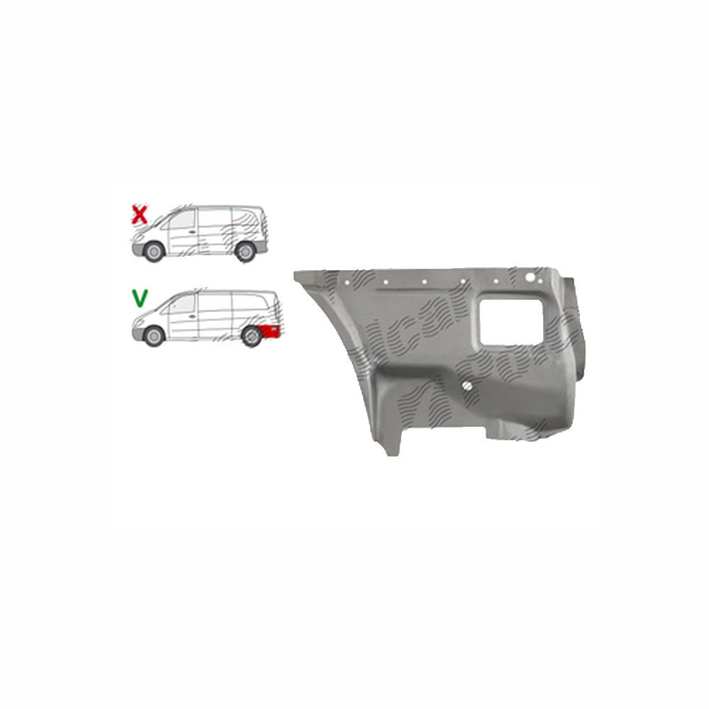 Segment aripa spate MERCEDES VITO/ VIANO (W639), 01.2003-10.2010, extra lung, spate, partea dreapta, otel galvanizat; in spatele carcasei rotii; inferior