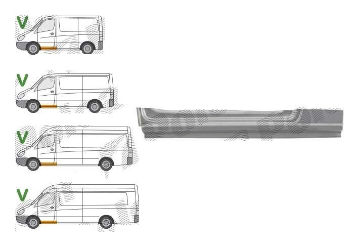 Prag MERCEDES SPRINTER, 07.2006-06.2018, VW CRAFTER (2E), 12.2005-04.2017, fata, partea stanga, otel galvanizat; sub usa fata