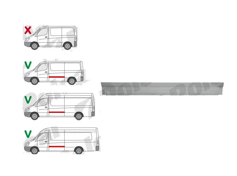 Piese de reparatie pentru panoul lateral MERCEDES SPRINTER, 07.2006-06.2018; VW CRAFTER (2E), 12.2005-04.2017, ampatament: 3665 mm, / 4325 mm, partea stanga, superior; Tabla; segment latime; deasupra ornamentelor laterale; lungime 1520, inaltime 170 mm