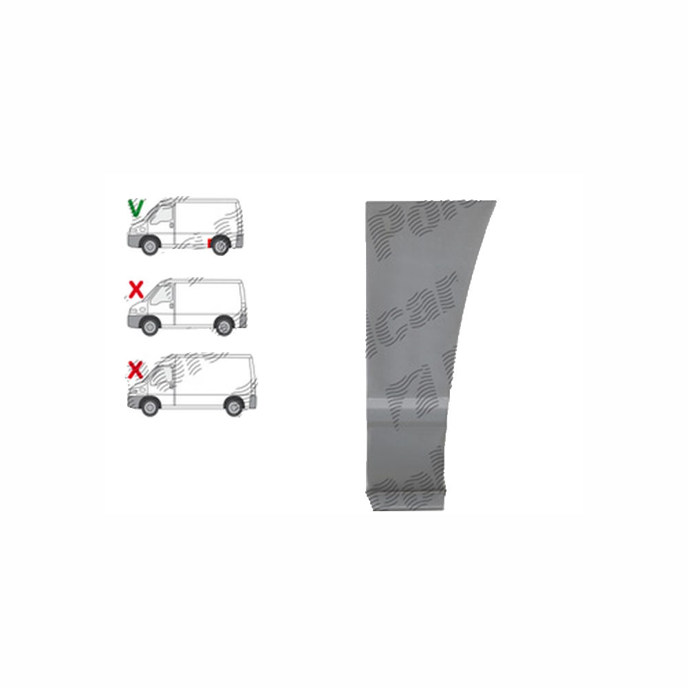 Segment aripa spate CITROEN JUMPER (230/244), 06.1994-2006; Fiat DUCATO (230/244), 03.1994-09.2006, Peugeot BOXER (230/244), 06.1994-08.2006, model scurt, spate, partea stanga, fata; otel galvanizat; in fata carenajului; Lungime 130, inaltime 278 mm