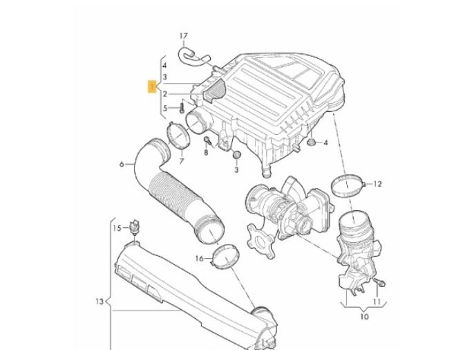 Carcasa filtru de aer AUDI A1 (8X); A3 (8V) Q2 (GA), SEAT ARONA ATECA IBIZA; LEON (5F) TOLEDO, SKODA FABIA; KAROQ; OCTAVIA III; RAPID; SCALA, VW CADDY 2K; GOLF 7; POLO, 2017-, T-CROSS, TOURAN (5T); T-ROC, UP!, motorizare 1.0 TSI, fata