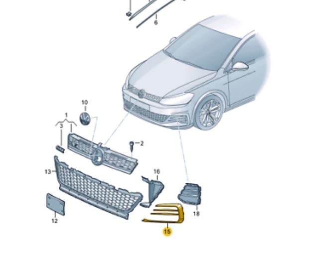 Grila bara fata VW GOLF 7 (5K), 2017-, model GTI, fata, partea stanga,