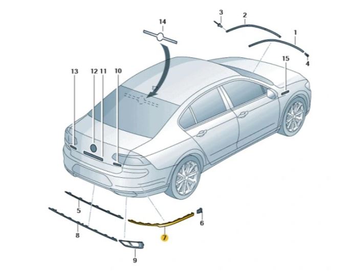 Rama grila bara spate VW PASSAT (B8), 08.2014-, model SEDAN, partea stanga, cromat