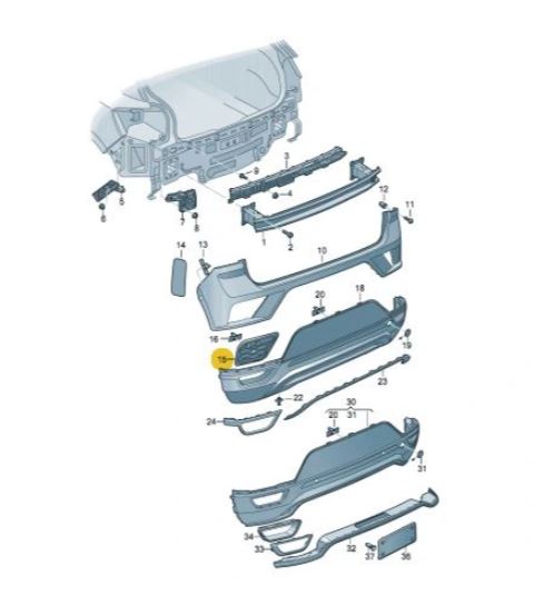 Grila protectie bara VW T-ROC, 09.2017-, spate, partea stanga, cu gauri pentru Senzori de parcare (PDC)