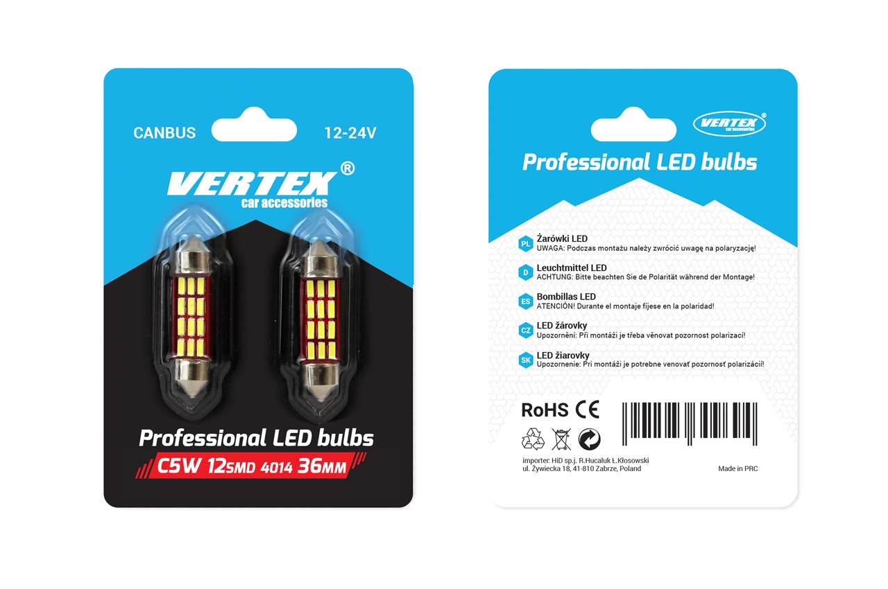 Set 2 becuri auto Vertex LED, C5W SV8.5-8, 12 SMD 4014, 2W, 36mm, Canbus, 12-24V, leduri alb sofit Festoon