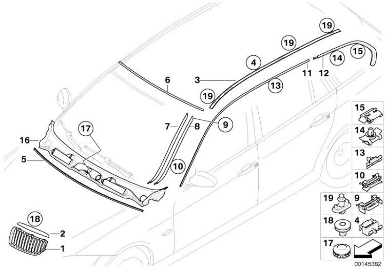 Clema bandouri BMW Seria 3 (E90/E91), 11.2004-06.2012, 5 buc/set, ornamente aparatoare vant