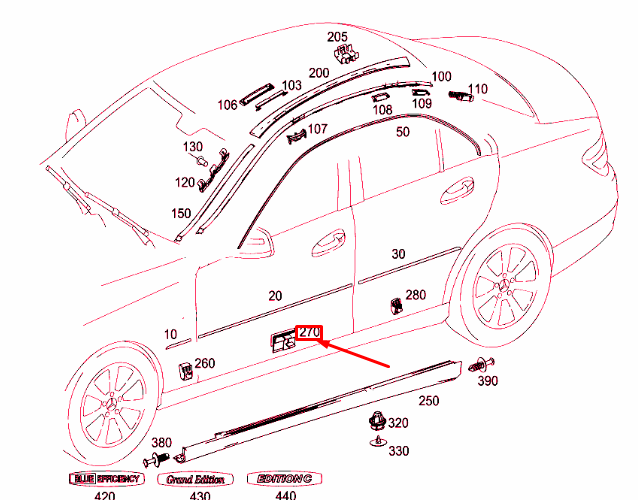 Clema, clips fixare Mercedes clasa C (W204) 03.07-03.11/03.11-; ornamente exterioare pervaz, set 5 buc, A0009914371