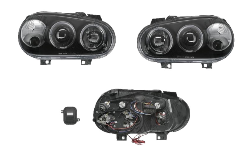 Set faruri tuning VW GOLF 4 (1J) (Hatchback + Combi + CABRIOLET), 08.1997-09.2006, Taiwan, partea stanga+dreapta, cu lumina parcare fibra optica;tip bec H1+H1+H3; manual/electric; negru, transparent; fara motor;