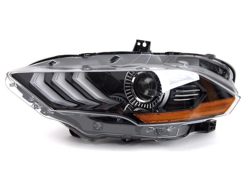 Far FORD MUSTANG, 05.2018-, partea Stanga, TYC, cu &quot;lumina timp de zi&quot; tip LED; Tip=USA; LED; manual; cu insertie galbena; LED