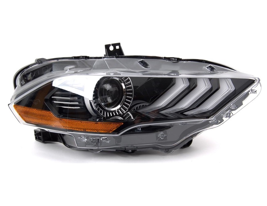 Far FORD MUSTANG, 05.2018-, partea Dreapta, TYC, cu "lumina timp de zi" tip LED; Tip=USA; LED; manual; cu insertie galbena; LED