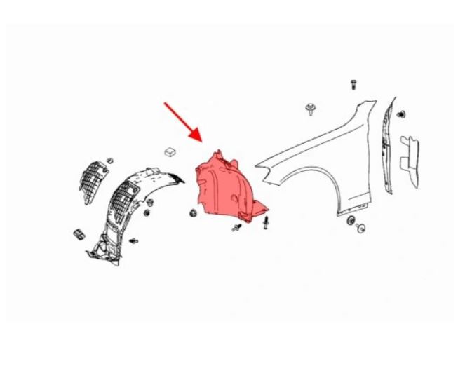 Carenaj aripa MERCEDES Clasa C (W205), 01.2014-2017 model 300, 400, 450, C43, SEDAN, Version USA, punte fata, partea Stanga, spre spate; polipropilena (PP/PPE)