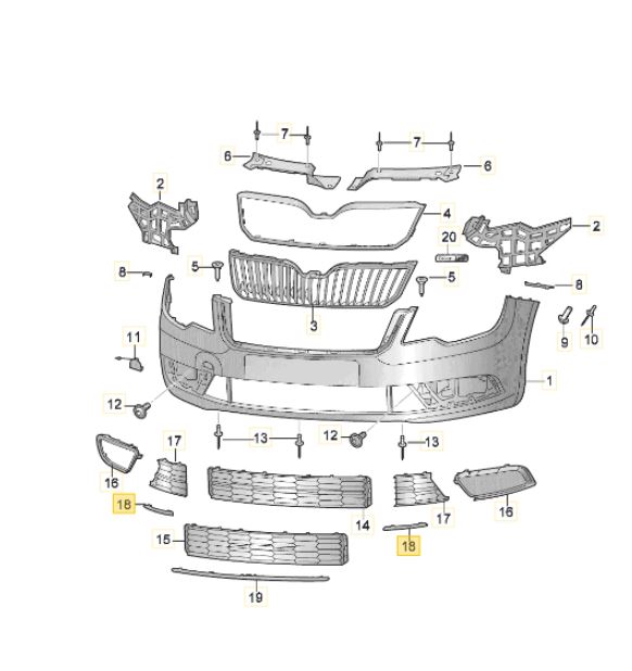 Bandou protectie grila bara fata SKODA SUPERB (3T), 06.2013-07.2015, partea Stanga, negru