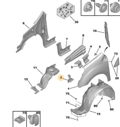 Suport fixare aripa fata CITROEN BERLINGO (7), 02.2008-2018, Peugeot PARTNER, 03.2008-2018, partea Stanga, inferior