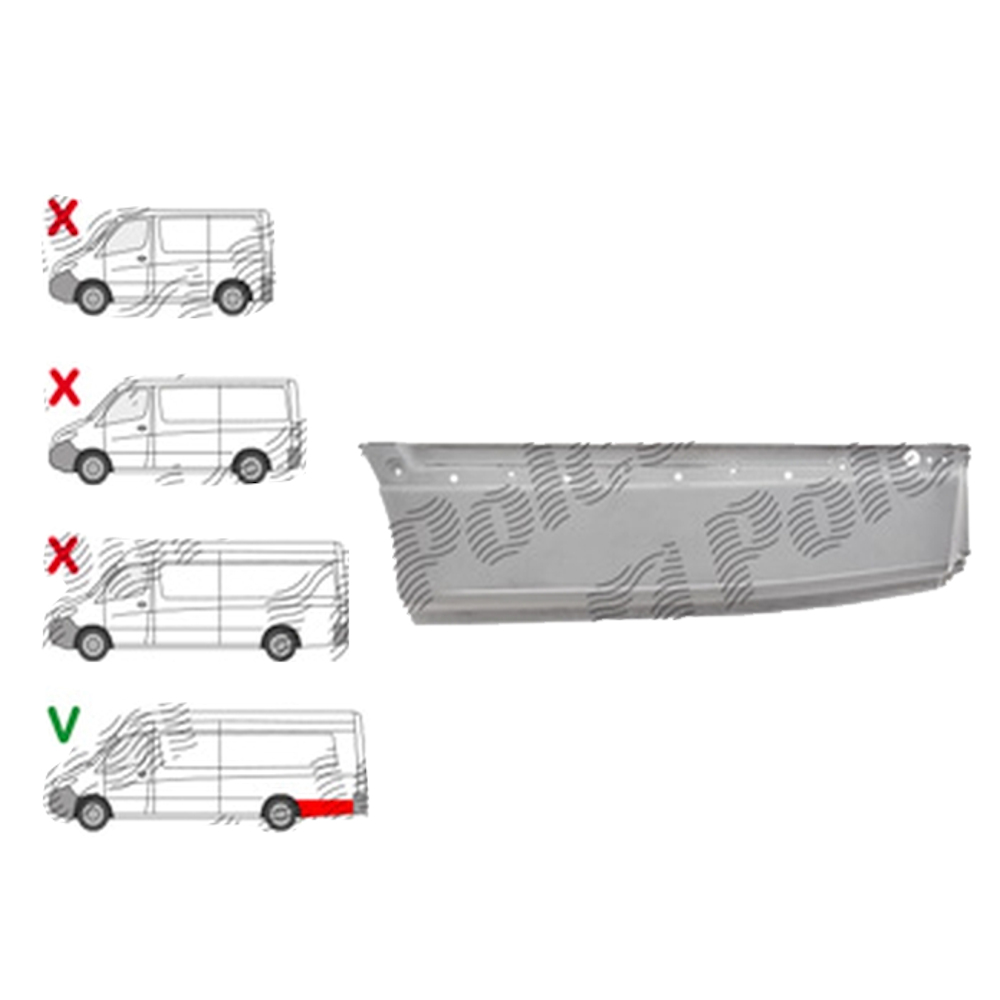 Segment aripa spate MERCEDES SPRINTER, 02.2018- model EXTRA LUNG, partea Stanga, otel galvanizat; in spatele rotii; sub ornament lateral; Lungime 1390, inaltime 400 mm