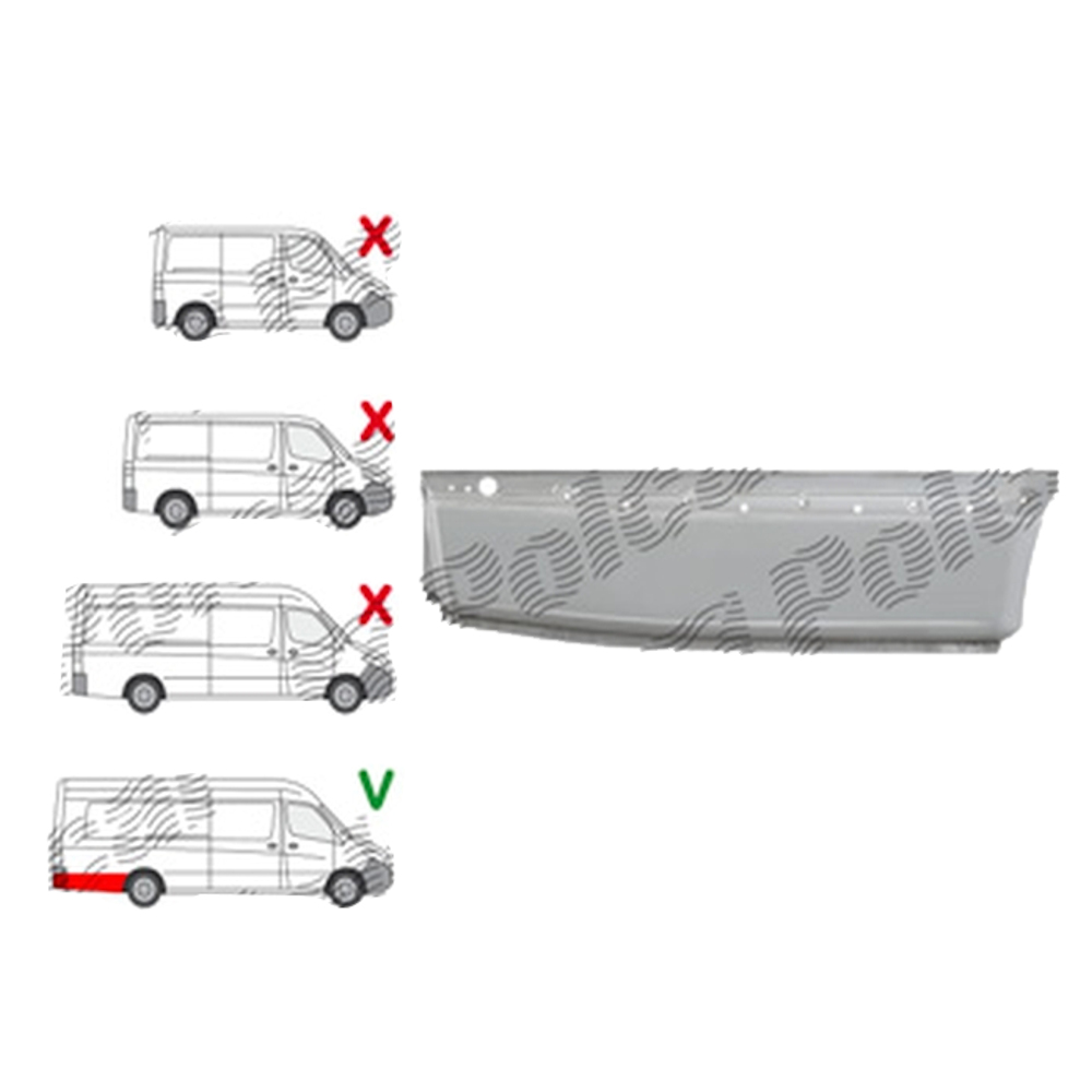 Segment aripa spate MERCEDES SPRINTER, 02.2018- model EXTRA LUNG, partea Dreapta, otel galvanizat; in spatele rotii; sub ornament lateral; Lungime 1390, inaltime 400 mm