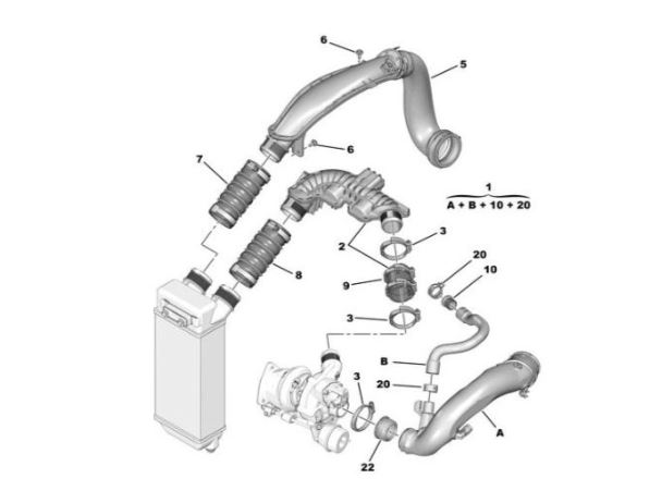 Furtun intercooler Citroen C4 Picasso, 10.2008-08.2013; C4, 2008-08.2013; C5, 04.2009-; Ds3, 2010-; Ds4, 2011-; Ds5, 2011-, Peugeot 207, 2006-; 3008, 2008-2016; 308, 2007-; 5008, 2009-2016; 508, 2010-2018 Motor 1,6 T/Thp, Cauciuc, 1440q6; 9811909980