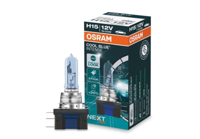 Set becuri H15 OSRAM 64176CBN 12V; 15/55W; COOL BLUE INTENSE (NextGen); cu pana 100% mai multa lumina; albastru; PGJ23t-1; Omologare: ECE; pana la 100 h; Fascicul luminos [lm]:260/1350; Culoare temperatura [K]:5000,