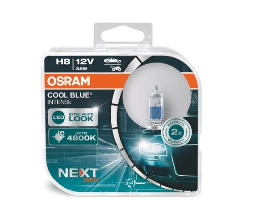 Set becuri H8 OSRAM 64212CBNHCB 12V; 35W; COOL BLUE INTENSE (NextGen); cu pana 100% mai multa lumina; albastru; PGJ19-1; Omologare: ECE; pana la 500 h; Fascicul luminos [lm]:800; Culoare temperatura [K]:5000,