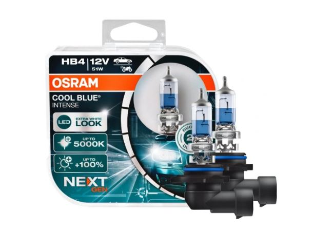 Set becuri HB4 (9006) OSRAM 9006CBNHCB 12V; 51W; COOL BLUE INTENSE (NextGen); cu pana 100% mai multa lumina; albastru; P22d; Omologare: ECE; pana la 500 h; Fascicul luminos [lm]:1095; Culoare temperatura [K]:5000,