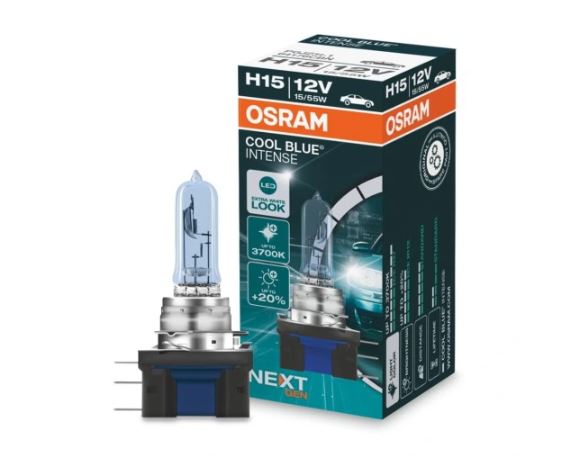 Bec H15 OSRAM 64176CBN 12V; 15/55W; COOL BLUE INTENSE (NextGen); cu pana 100% mai multa lumina; albastru; PGJ23t-1; Omologare: ECE; pana la 100 h; Fascicul luminos [lm]:260/1350; Culoare temperatura [K]:5000,