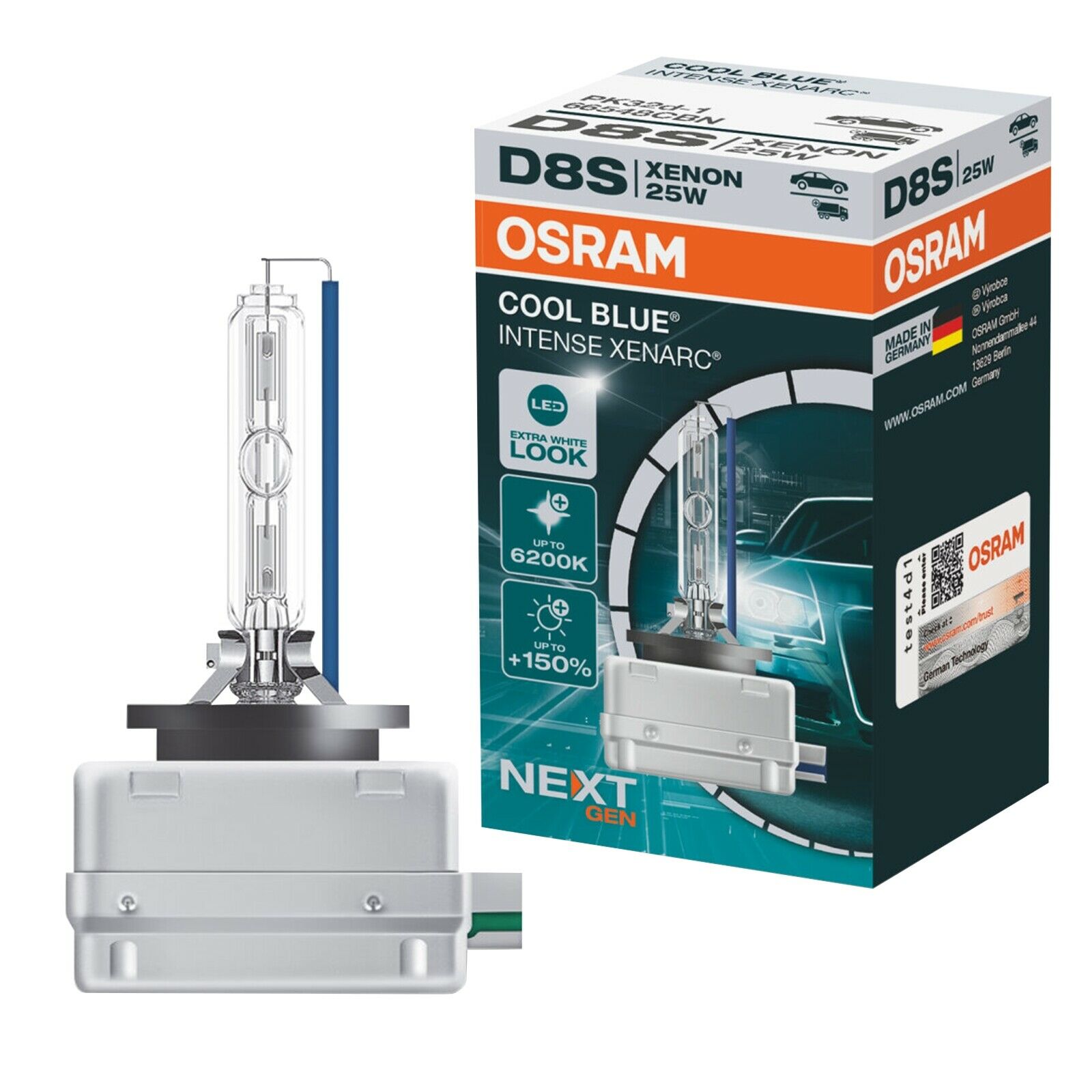 Bec D8S OSRAM 66548CBN 12/24V; 25W; COOL BLUE INTENSE (NextGen); cu pana 150% mai multa lumina; Pk32d-1; Omologare: ECE; pana la 2500 h; Fascicul luminos [lm]:2000; Culoare temperatura [K]:6200,