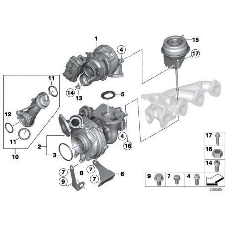 Turbocompresor EU, Bmw Seria 1 (F20/F21), 2011-2019, Seria 2 (F22, F87), 2012-, Seria 3 (F30/F31, F80), 2011-2019; Seria 3 Gt (F34), Seria 4 (F32/F33, F82/F83), 2013-, Seria 5 (F10/F11), 2009-2017, X1 (E84), 2009-2015, X5 (F15, F85), 2013-2018,