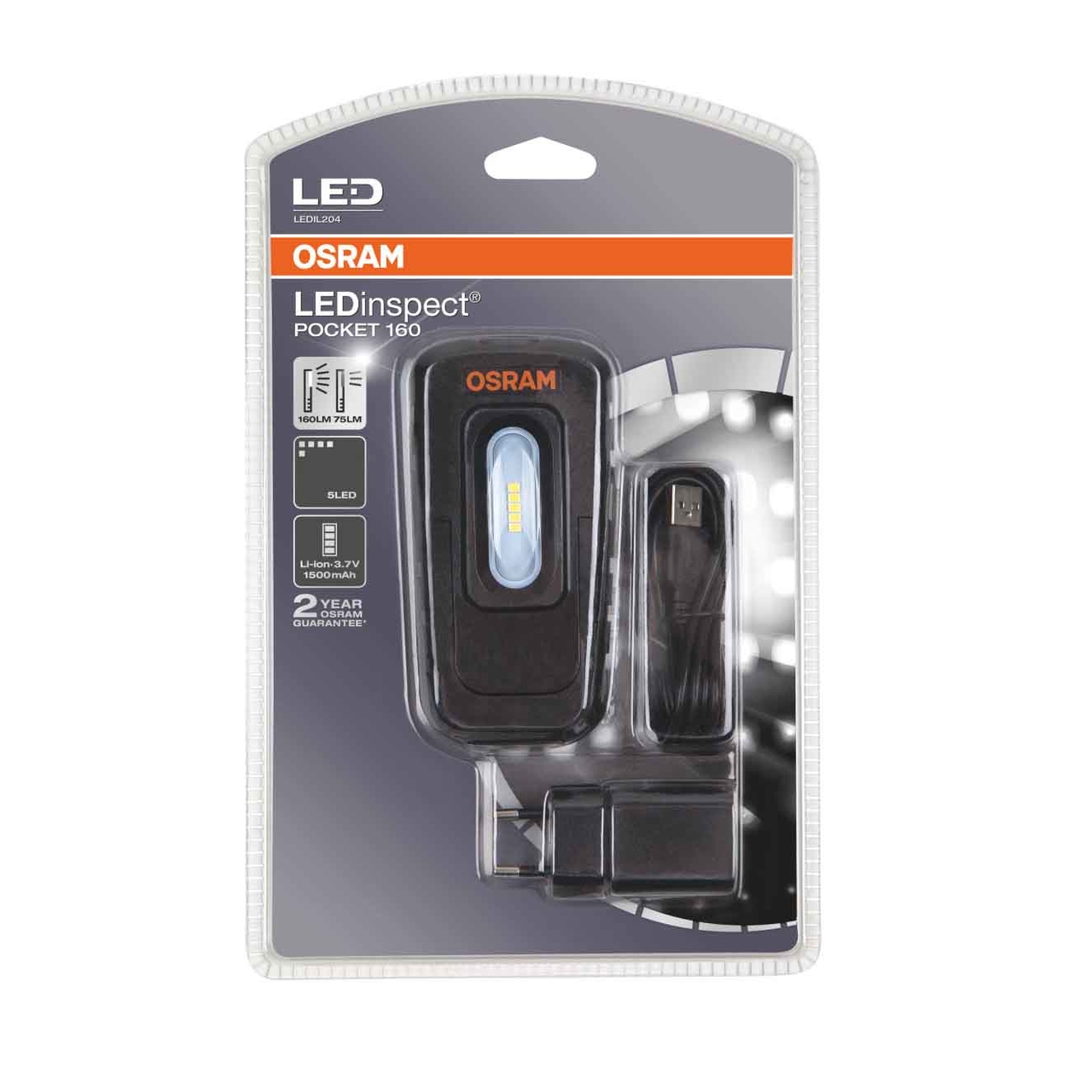 Lampa lucru inspectie cu 5 LED-uri Osram LEDIL204 cu baterie reincarcabila, 160 lm + 75 lm; 7,500 K ,