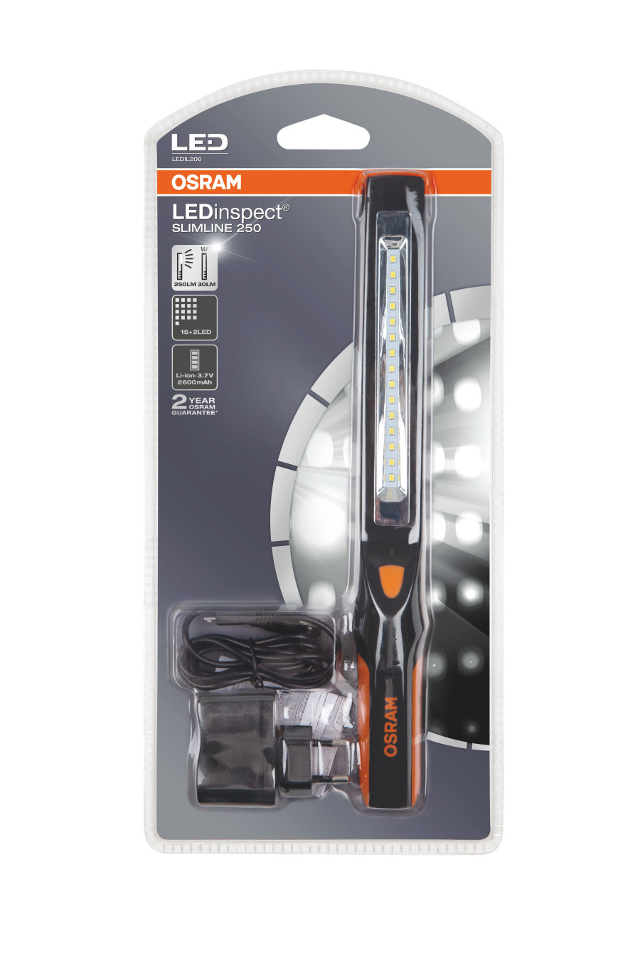 Lampa lucru inspectie cu 15+2 LED-uri Osram SLIMLINE 250 LEDIL206, incarcator in kit, baterie reincarcabila, 250 lm + 30lm, 6000 K ,