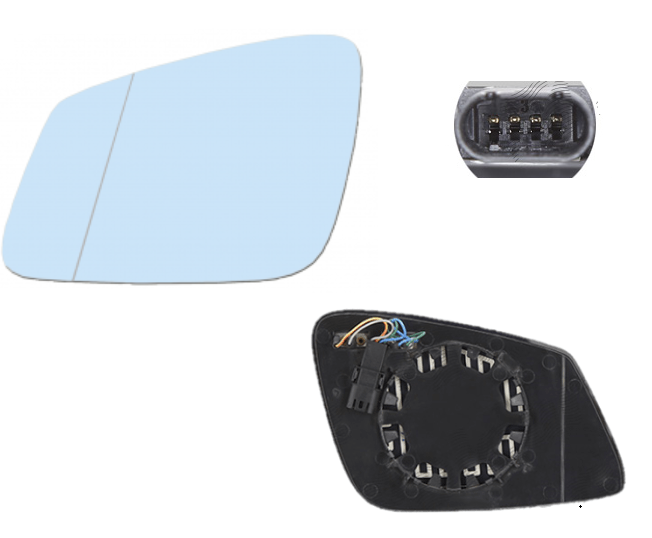 Geam oglinda Bmw Seria 1 (F20), 08.2011-, 3/3 Gt (F30/31/34/35), 01.2012- , Seria 2 (F22), 03.2014-, 3/3 Gt (F30/31/34/35), 01.2012-, X1 (E84), 09.2012-, partea Stanga , culoare sticla culoare albastra , sticla asferica, cu incalzire,