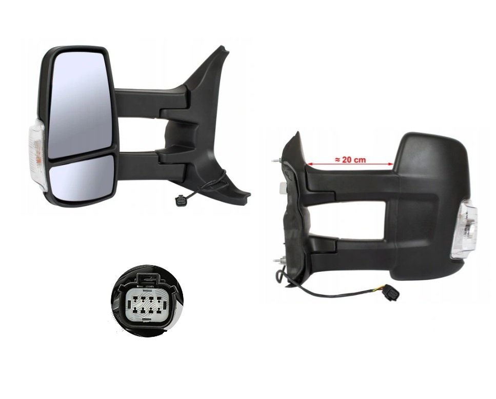 Oglinda usa exterioara Ford Transit/Tourneo, 01.2014-12.2019, partea Stanga, reglare electrica; textil; incalzit; sticla convexa; geam cromat; cu semnalizator alb; brat lung, mufa cu 8 gauri/ 6 pini; View Max