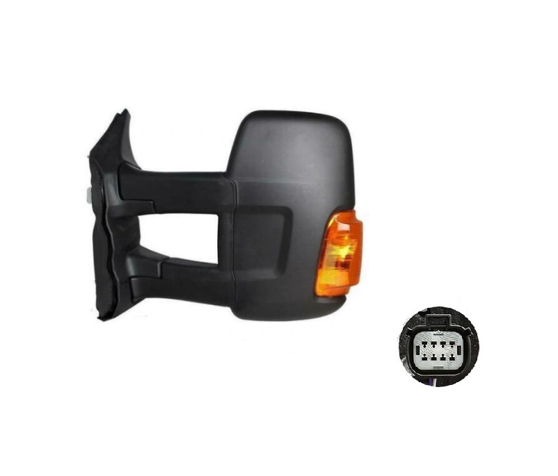 Oglinda usa exterioara Ford Transit/Tourneo, 01.2014-12.2019, partea stanga, ajustabil manual; textil; sticla convexa; geam cromat; cu semnalizator galben; brat lung, View Max; mufa cu 8 gauri/ 2 pini