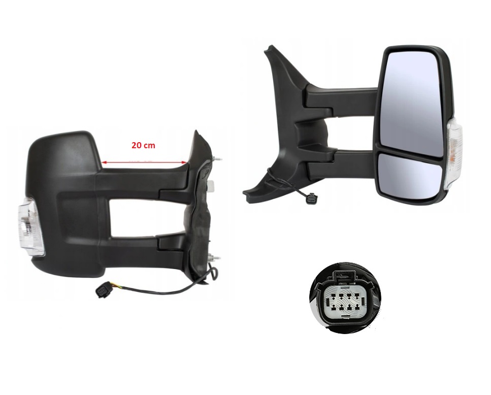 Oglinda usa exterioara Ford Transit/Tourneo, 01.2014-12.2019, partea dreapta, reglare electrica; textil; incalzit; sticla convexa; geam cromat; cu semnalizator alb; brat lung, mufa cu 8 gauri/ 6 pini; View Max