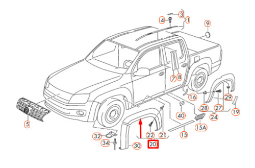 Bandou aripa, ornament Volkswagen Amarok (N817), 01.2010-, fata, Stanga, spate