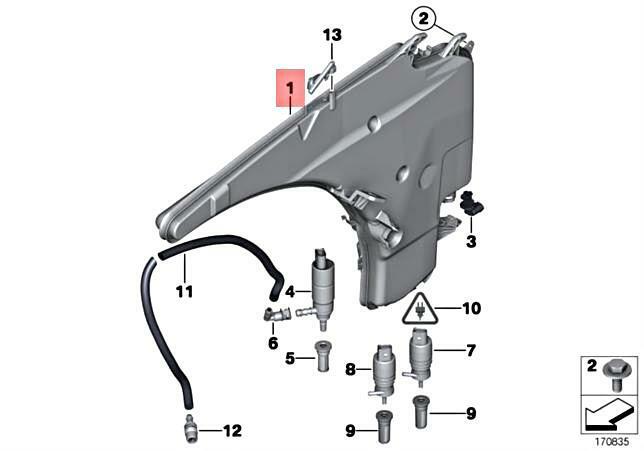 Rezervor spalator parbriz BMW Seria 1 (E82/E88), 09.2004-10.2013, Seria 3 (E90), 11.2004-06.2012, Gat de umplere cu capac,Cu senzor nivel lichid,Cu spalator faruri,cu washerpump