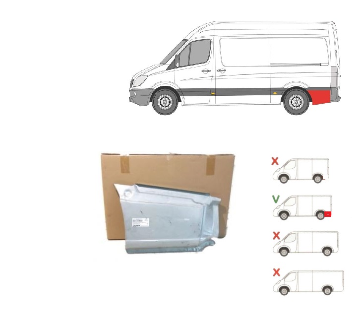 Set reparatie aripa spate VW CRAFTER (2E), 2005-2017; MERCEDES SPRINTER, 07.2006-2018, partea stanga, otel galvanizat; fara locas ornament, in spatele carcasei rotii; Lungime 635, inaltime 396 mm, model spatiu incarcare L=3265mm, versiune standard